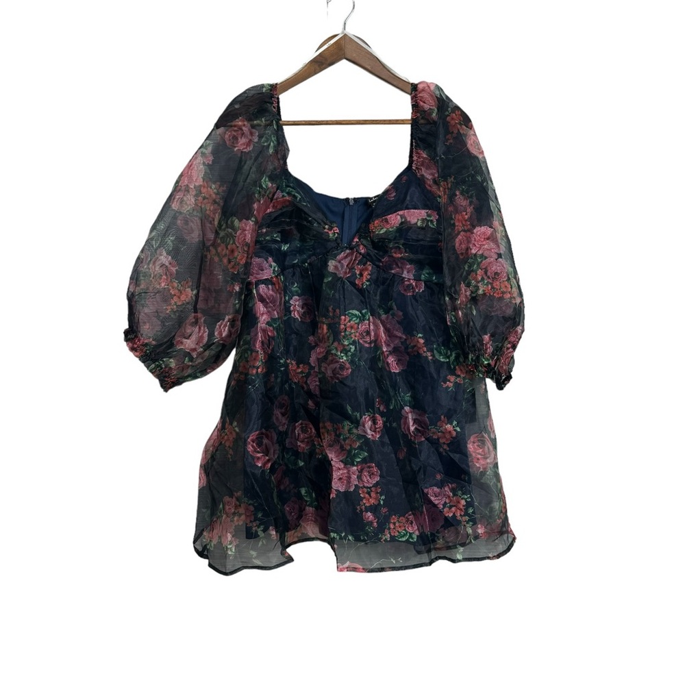 Lulus‎ Sweetly Flirty Navy Blue Floral Organza Puff Sleeve Mini Dress - Picture 2 of 8